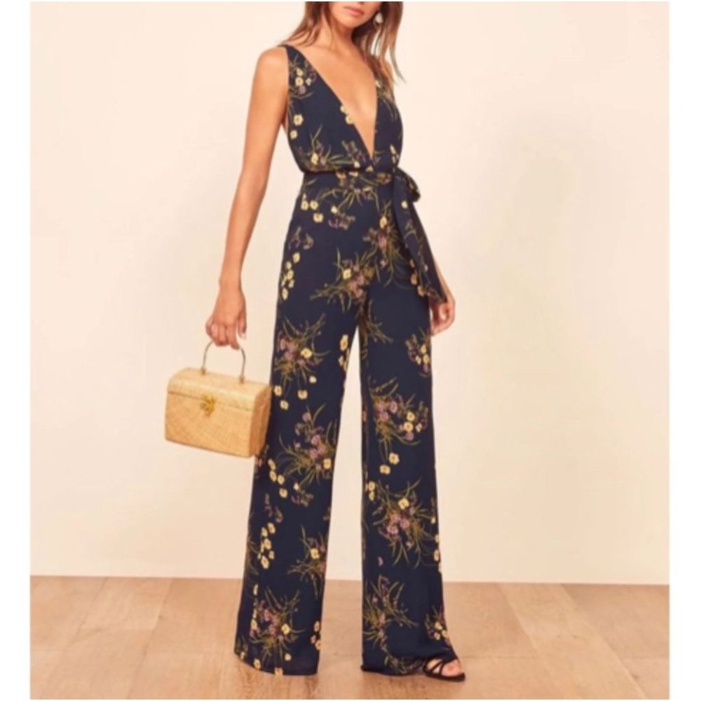Reformation Sofi Jumpsuit Mademoiselle Floral Navy 4 Cross Back Plunge Neckline